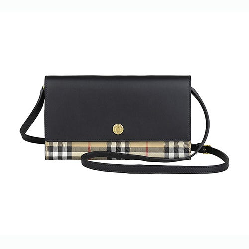 【BURBERRY】Hannah 金釦刻印LOGO小牛皮拼格紋PVC按釦斜背長夾包(黑x米格紋)