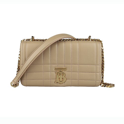 【BURBERRY】Lola TB亮金LOGO縫線設計小羊皮吸釦鏈帶斜背包(小/燕麥米)