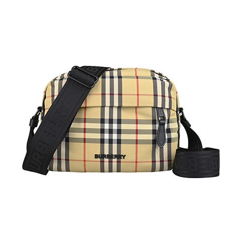 【BURBERRY】Paddy 霧黑立體LOGO格紋尼龍搭小牛皮飾邊拉鍊斜背包(男款/典藏米)