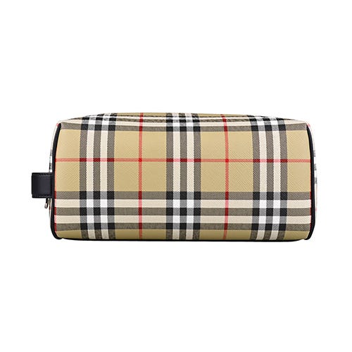 【BURBERRY】Vintage 內印字LOGO格紋帆布拼小牛皮拉鍊手拿旅行盥洗包(典藏米)