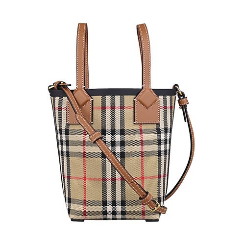【BURBERRY】London 皮革烙印LOGO格紋棉織布拼小牛皮開放式兩用托特包(迷你/典藏米)