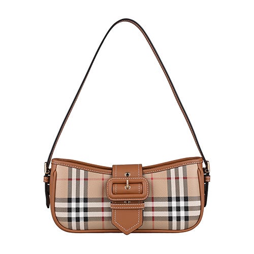 【BURBERRY】Sling 內燙金LOGO格紋PVC拼小牛皮拉鍊肩背包(典藏米x石楠棕)