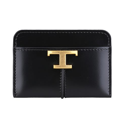 【TOD'S】T Timeless 立體古銅T字LOGO小牛皮2卡開放式名片卡夾(黑)