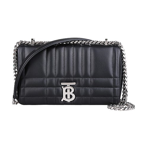 【BURBERRY】Lola 金屬TB雷雕LOGO縫線小羊皮銀鏈帶吸釦斜背包(小/黑)