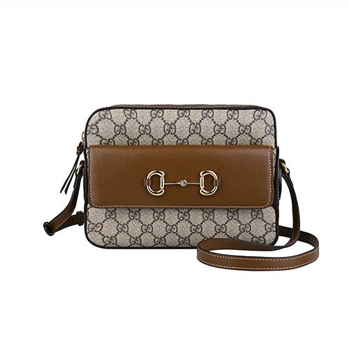【GUCCI】Horsebit 1955 金屬雙C字LOGO印花帆布拼牛皮拉鍊斜背包(小/米x烏木褐)