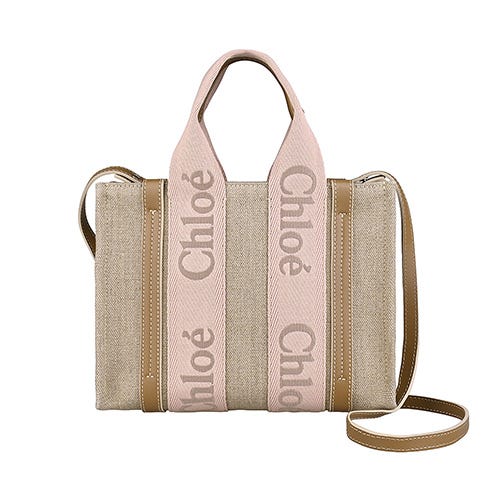 【CHLOE】Woody 針繡字母LOGO亞麻帆布搭小牛皮開放式兩用托特包(小/腮紅粉x米)