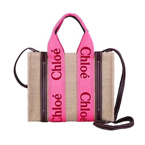 【CHLOE】Woody 針繡字母LOGO亞麻帆布搭小牛皮開放式兩用托特包(小/泡泡糖粉紅x米)