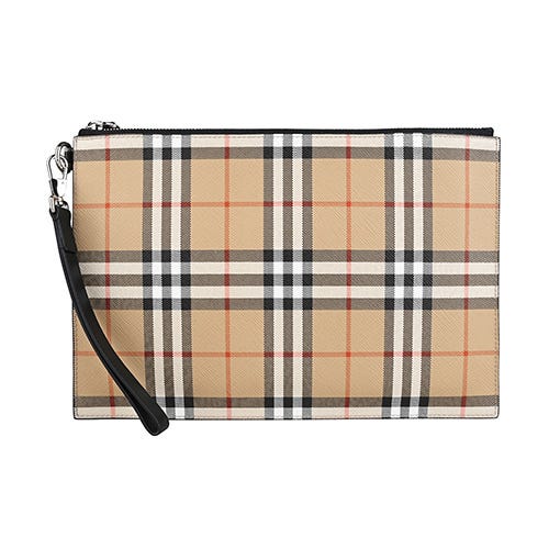 【BURBERRY】EDIN 內銀漆LOGO格紋PVC搭帆布男士拉鍊手拿包(典藏米)