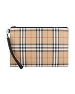 【BURBERRY】EDIN 內銀漆LOGO格紋PVC搭帆布男士拉鍊手拿包(典藏米)