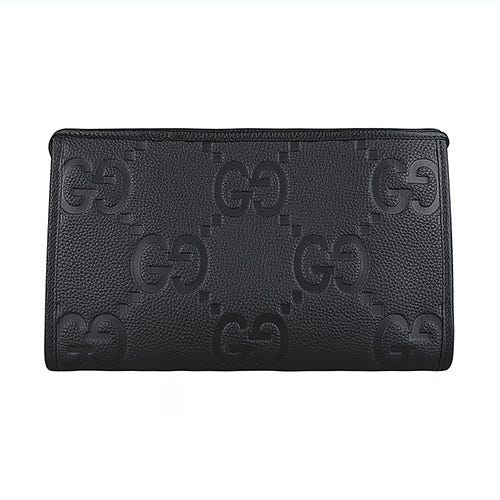 【GUCCI】JUMBO 雙G壓印LOGO荔枝紋皮革手拿包(黑)