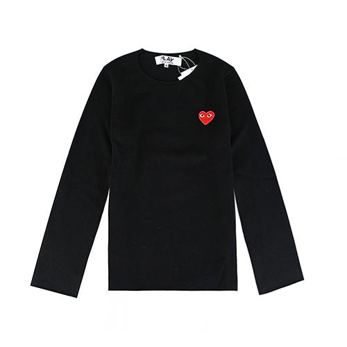 【Comme Des Garcons Play】川久保玲 布標黑字LOGO雙層愛心羊毛長袖毛衣(女款/黑)