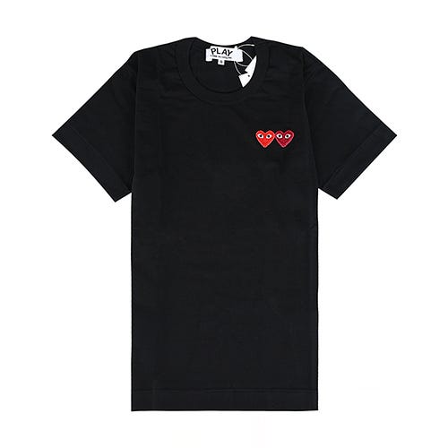 【Comme Des Garcons Play】川久保玲 布標字母LOGO雙色愛心純棉短袖T恤(女款/黑)