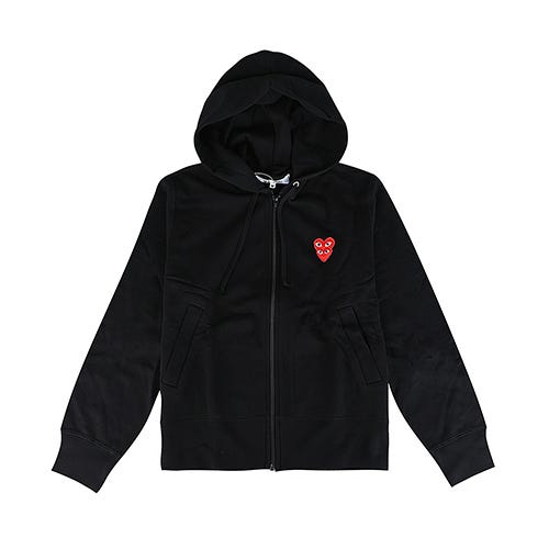 【Comme Des Garcons Play】川久保玲 英文標籤LOGO雙層紅心純棉長袖連帽外套(女款/黑)