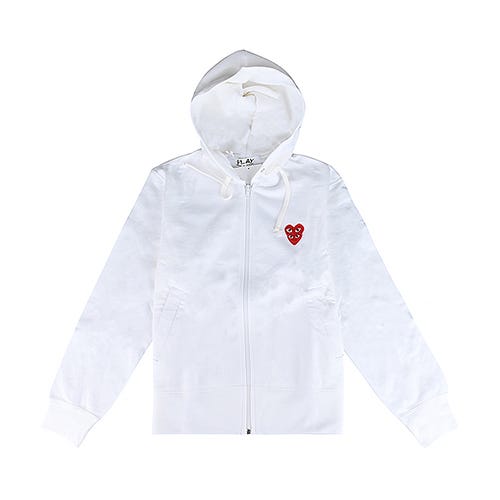 【Comme Des Garcons Play】川久保玲 英文標籤LOGO雙層紅心純棉長袖連帽外套(女款/白)