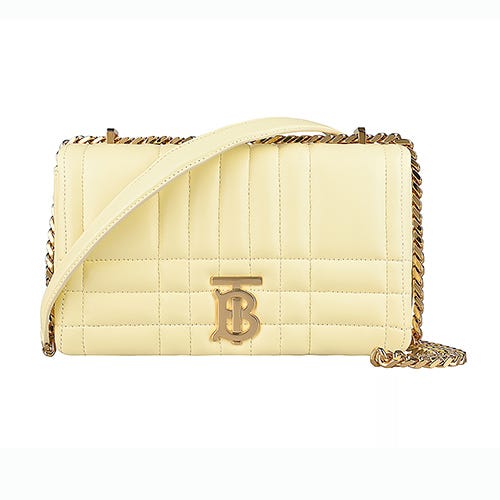 【BURBERRY】LOLA 金屬TB字母LOGO羔羊皮格紋絎縫金鏈帶斜背包(小/檸檬黃)