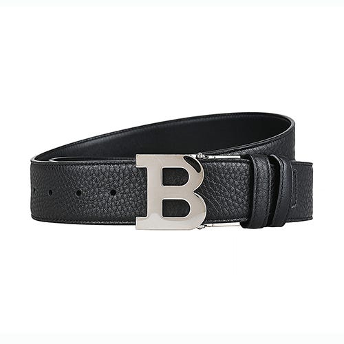 【BALLY】鍍銀B字LOGO粒面牛皮扣式雙面寬版皮帶(40mm/黑)