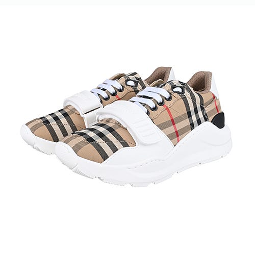【BURBERRY】字母浮雕LOGO多色格紋拼小牛皮休閒運動鞋(女款/經典米x白x黑)