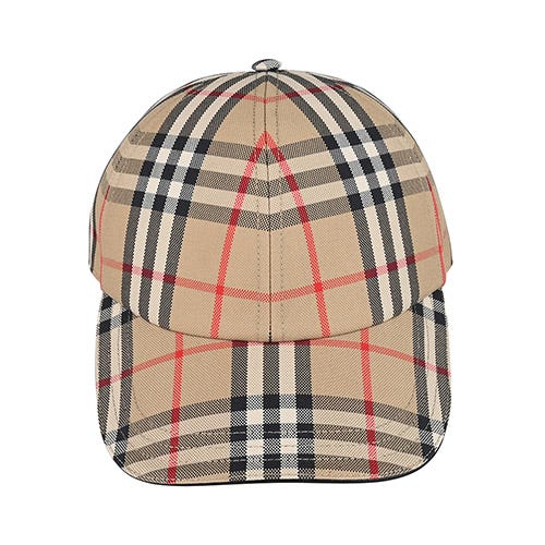 【BURBERRY】黑字布標LOGO格紋帆布棒球帽(米)