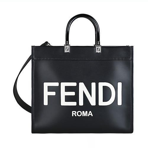 【FENDI】Sunshine 白色燙字LOGO滑面牛皮肩背包(中型/黑x白)