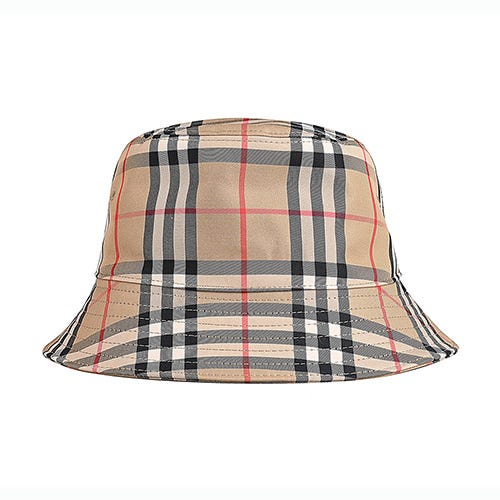 【BURBERRY】布標黑字LOGO格紋棉質漁夫帽(經典米)