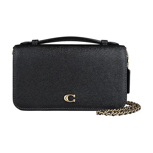 【COACH】BEA 金屬C字LOGO粒面皮革釦式鍊帶斜背包(黑)