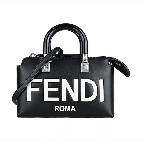 【FENDI】By The Way 英文印字LOGO皮革拉鍊斜背波士頓包(迷你/黑x白)