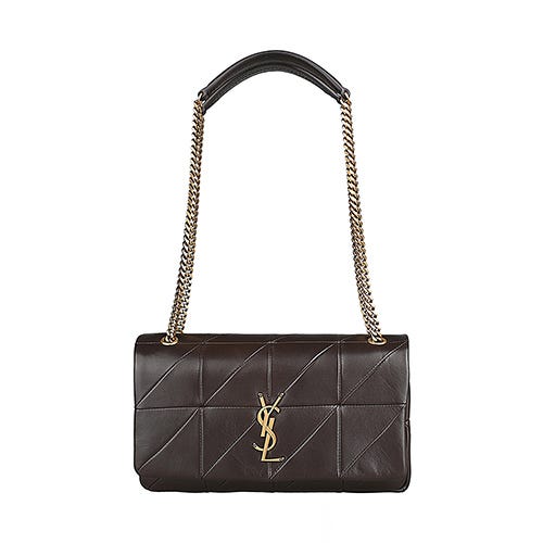 【YSL】SAINT LAURENT JAMIE 仿舊金屬LOGO小羊皮縫線設計金鏈帶斜背包(中型/深棕)