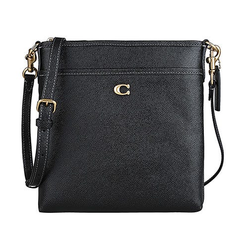 【COACH】Kitt 黃銅C字LOGO粒面皮革拉鍊斜背包(黑)