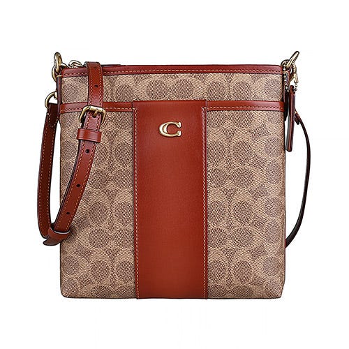 【COACH】Kitt 古銅金C字LOGO皮革拼印花PVC拉鍊斜背包(卡其x漸層黃褐)