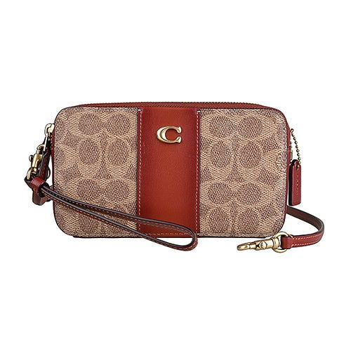 【COACH】kira 古銅金C字LOGO皮革拼印花PVC雙拉鍊手拿斜背包(卡其x漸層黃褐)
