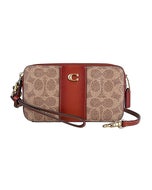 【COACH】kira 古銅金C字LOGO皮革拼印花PVC雙拉鍊手拿斜背包(卡其x漸層黃褐)