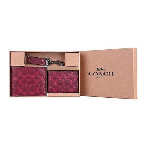 【COACH】C字LOGO皮革8卡對開短夾名片夾鑰匙圈三合一禮盒組(酒紅)