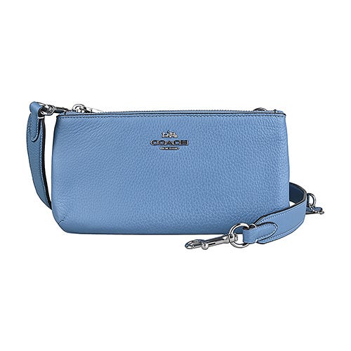 【COACH】立體銀字LOGO粒面皮革雙拉鍊斜背包(霧霾藍)