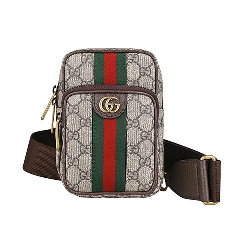 【GUCCI】Ophidia 復古G字LOGO印花帆布拼牛皮飾邊拉鍊胸掛包(迷你/米x烏木棕)