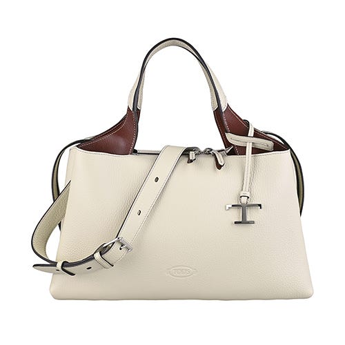 【TOD'S】Bauletto 字母壓印LOGO小牛皮拉鍊肩背兩用波士頓包(中/灰白)