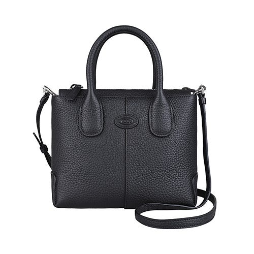 【TOD'S】Di Bag 圓形皮標LOGO小牛皮內搭麂皮拉鍊斜背兩用托特包(迷你/黑)