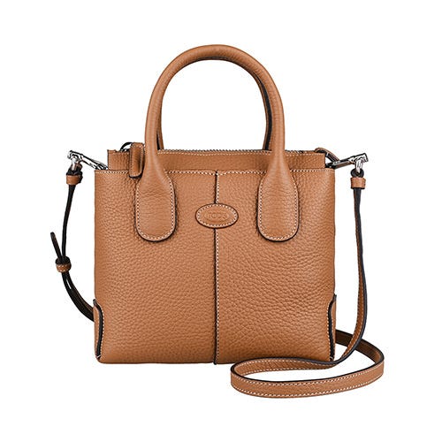 【TOD'S】Di Bag 圓形皮標LOGO小牛皮內搭麂皮拉鍊斜背兩用托特包(迷你/棕)