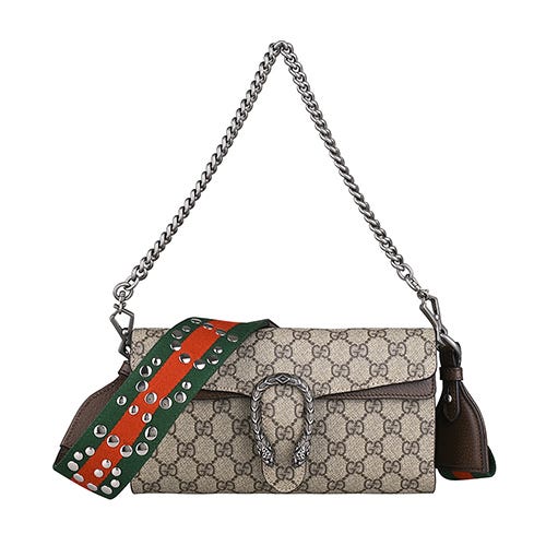 【GUCCI】Dionysus 背帶鉚釘LOGO滿版帆布拼牛皮吸釦斜背包(小/米x烏木棕)
