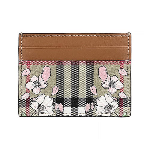 【BURBERRY】Sandon 皮革內燙印LOGO小牛皮格紋設計搭櫻花4卡卡夾(女款/典藏米x棕)