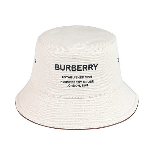 【BURBERRY】針繡黑字LOGO純棉拼小羊皮帽沿滾邊漁夫帽(自然白)