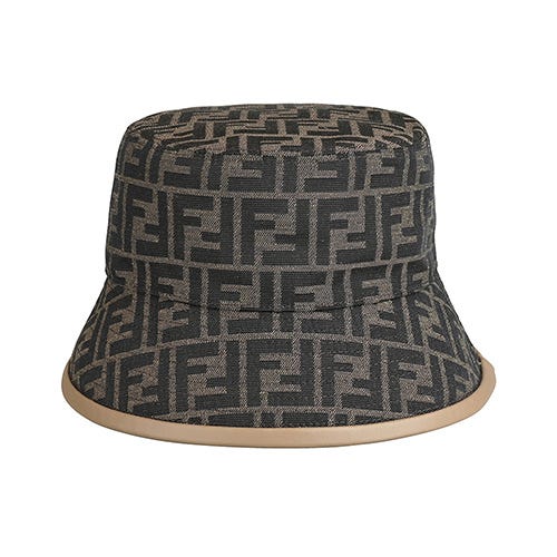 【FENDI】深色F字LOGO緹花棉織布拼綿羊皮帽沿漁夫帽(褐)