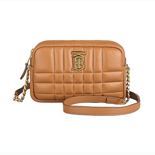 【BURBERRY】LOLA 金屬TB字LOGO縫線小羊皮拉鍊斜背相機包(迷你/棕)