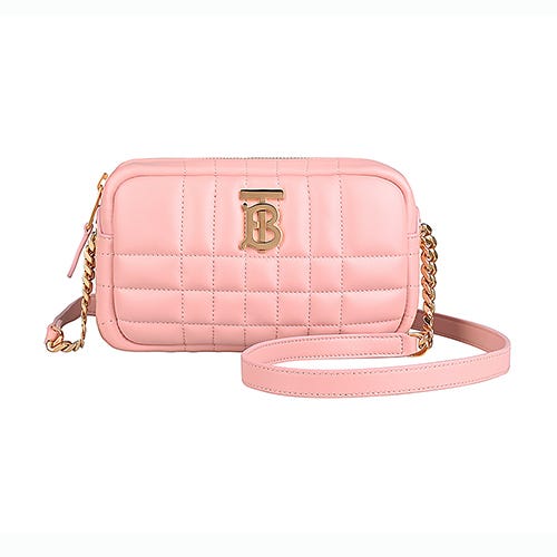 【BURBERRY】LOLA 金屬TB字LOGO縫線小羊皮拉鍊斜背相機包(迷你/粉紅)