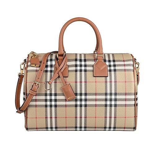 【BURBERRY】內燙金LOGO格紋帆布拼牛皮拉鍊肩背兩用包(中/典藏米x石楠棕)