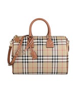 【BURBERRY】內燙金LOGO格紋帆布拼牛皮拉鍊肩背兩用包(中/典藏米x石楠棕)