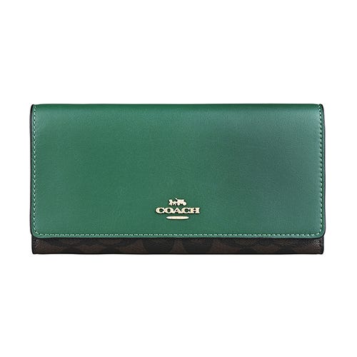 【COACH】電鍍金屬LOGO印花帆布拼牛皮13卡按釦三折長夾(深棕x綠)