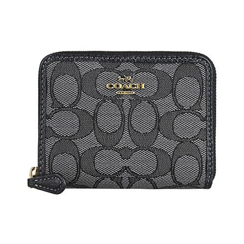 【COACH】復古黃銅LOGO印花帆布拼牛皮4卡拉鍊對開短夾(煙黑)