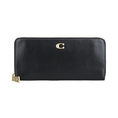 【COACH】C字古銅LOGO滑面牛皮8卡長方型拉鍊長夾(黑)