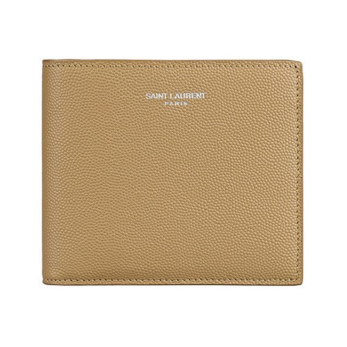【YSL】銀漆英文LOGO小牛皮8卡對開式短夾(柚木棕)