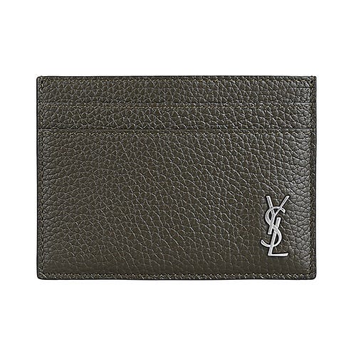 【YSL】Tiny Cassandre立體仿舊銀LOGO小牛皮4卡名片卡夾(男款/深卡其綠)